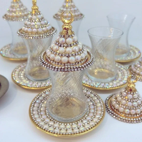 NEW HANDMADE TURKISH TEA SET WITH PEARLS - Picture 13 of 17